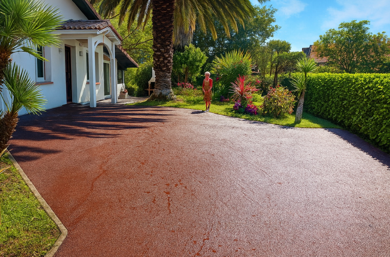 Françoise apprécie la pose de son enrobé rouge devant sa maison de La Teste