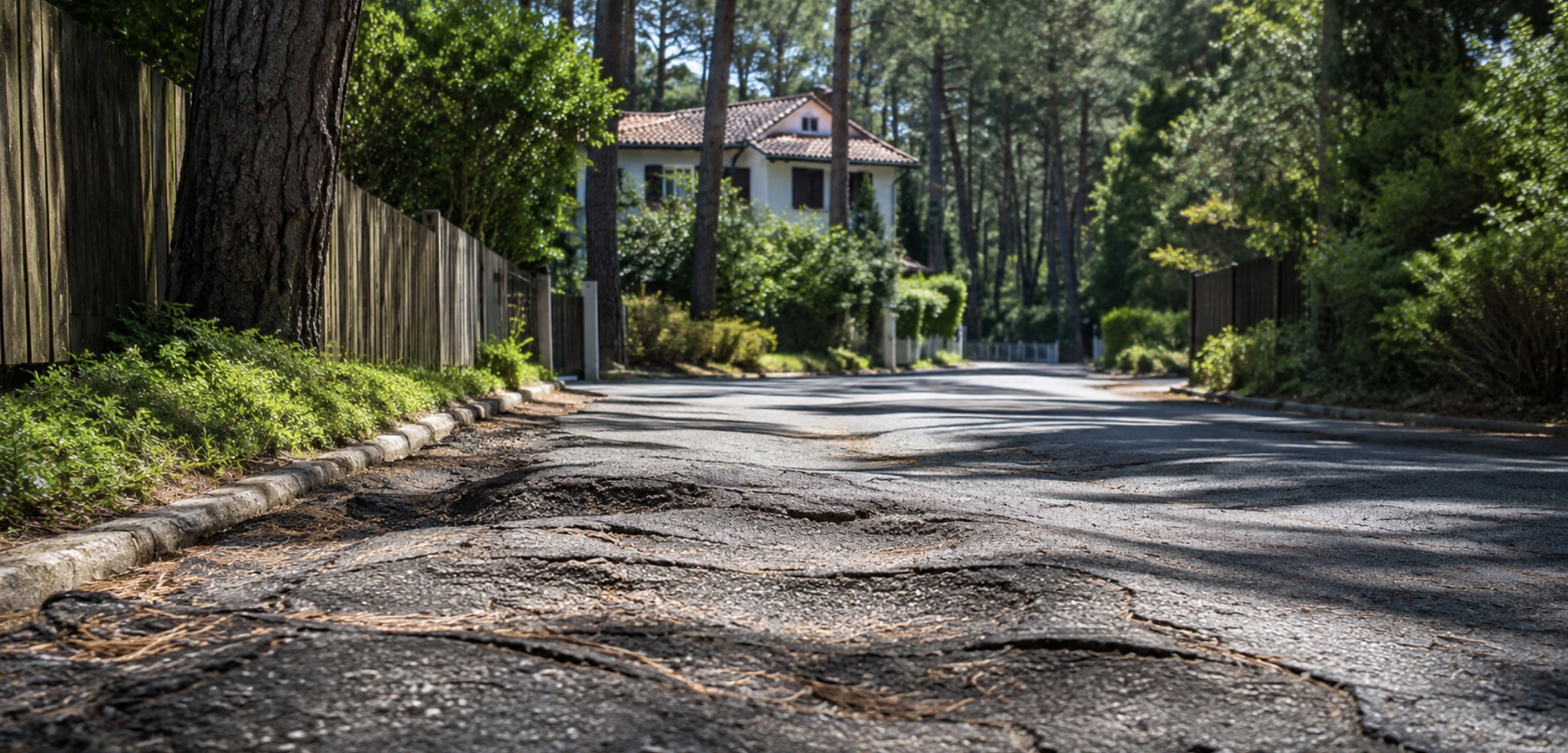 Allée en enrobé déformé par les racines d’arbres